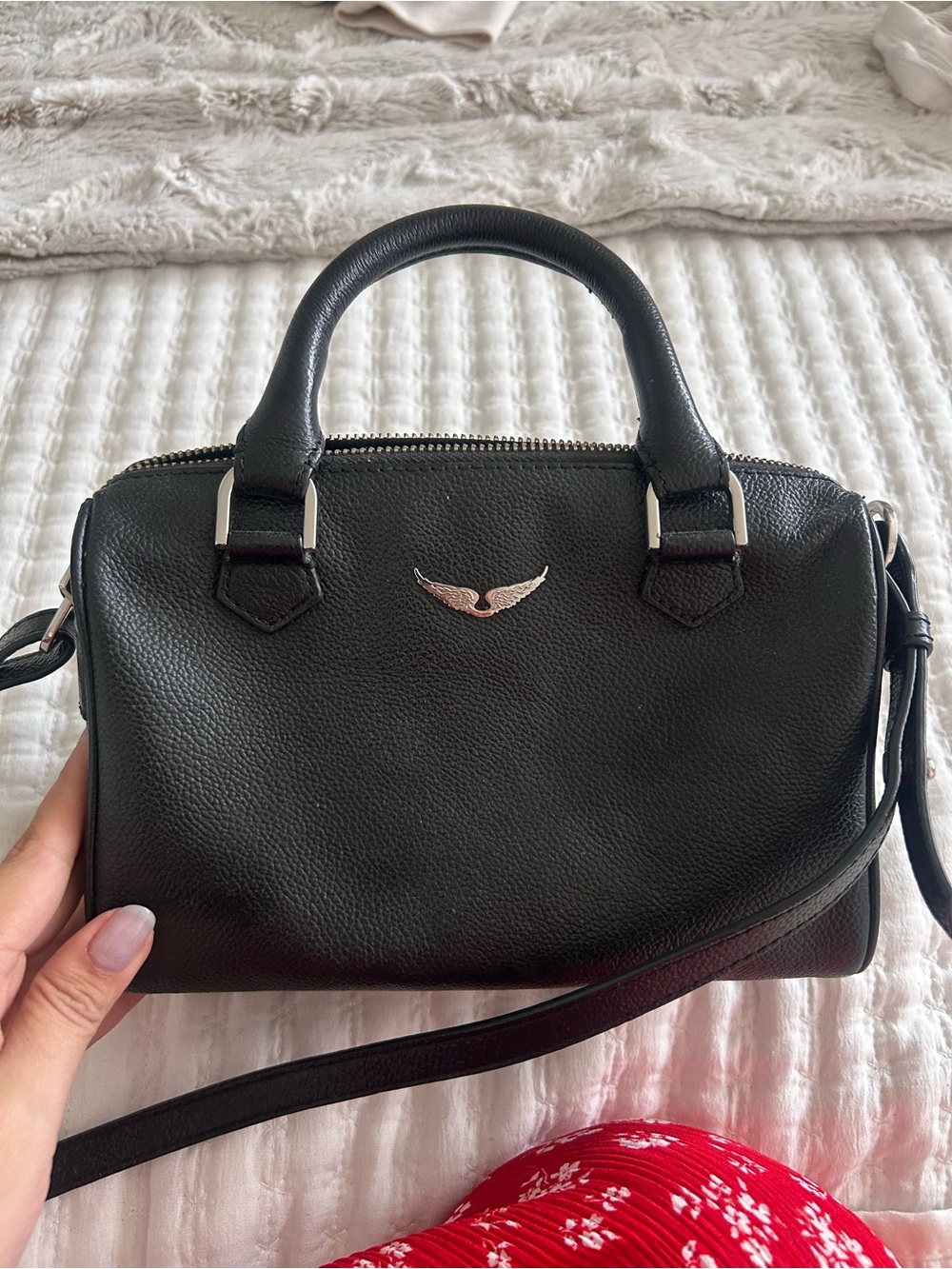 Zadig & Voltaire Black Leather Top-Handle Bag with Silver Wing Detail